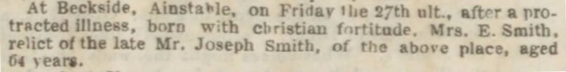 Carlisle Journal 1844 - Death notice of Elizabeth Smith
